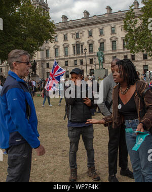 London, UK. 7th September 2019. Heated debates on Parliament Square today between pro-Brexit protesters and anti-Brexit demonstrators. The remainer and anti-brexiteer in blue allegedly accusing Miss Inaya Folarin of racism because she has joined the Brexit PartyCredit: Joe Kuis / Alamy News Stock Photo