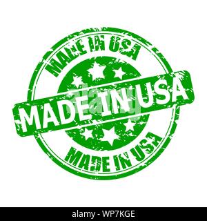 Marks texture made in USA. Seal for post to parcel or clothes. Green print made in america with stars. Vector illustration Stock Vector