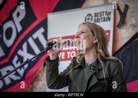 London, UK. 7th September, 2019. Sian Berry co-leader of the Green Party speaks to anti-Brexit supporters for ‘Stop Brexit’ rally in Whitehall. Credit: Guy Corbishley/Alamy Live News Stock Photo