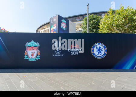 Photo shoot board for Chelsea and Liverpool FC, Uefa Super Cup Final 2019 contestants, in front of the BJK Vodafone Park Stadium a week prior to game. Stock Photo