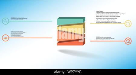 3D illustration infographic template. The embossed cube is randomly divided to four parts. Object is arranged on blue white background. Lines with sig Stock Vector