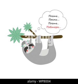 Cute funny sloth hanging on tree branch isolated on white background. Tshirt design, print, Sleep, Eat, Repeat Motto in Speech Bubble Cartoon flat vec Stock Vector