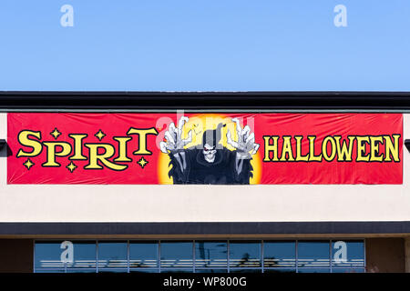 August 23, 2019 Sacramento / CA / USA - Close up of Spirit Halloween seasonal store sign;  Spirit Halloween LLC is a seasonal retailer that supplies H Stock Photo