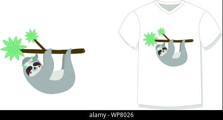 Cute funny sloth hanging sleeping on palm tree branch tshirt design print isolated on white background. Baby tropical animal for apparel t-shirt Carto Stock Vector