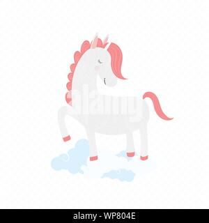 Cute unicorn with closed eyes pink mane stand on clouds isolated on transparent background. White pony stamping hooves, print t-shirt baby shower, bir Stock Vector