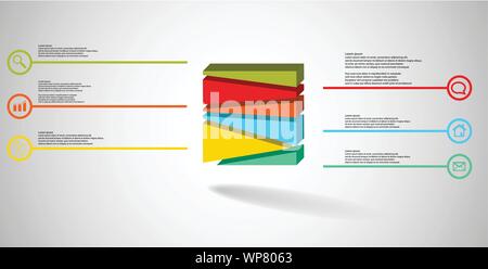 3D illustration infographic template. The embossed cube is randomly divided to six parts. Object is arranged on grey white background. Lines with sign Stock Vector