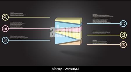 3D illustration infographic template. The embossed cube is randomly divided to six parts. Object is arranged on grey black background. Lines with sign Stock Vector
