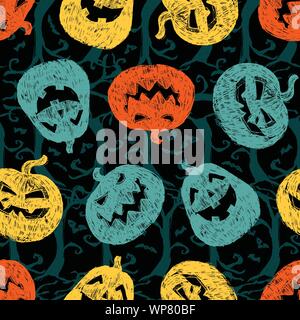 Vector hand drawn halloween colourful pumpkins repeat pattern. Suitable for invitation card, halloween party poster or gift wrap. Stock Vector