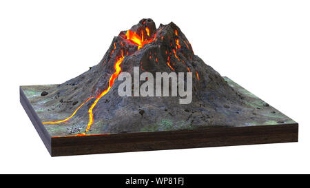 volcano erupts lava, cross section model isolated on white background (3d science render) Stock Photo