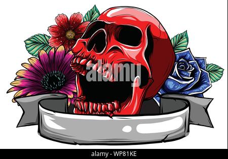 Skull. Hipster skull silhouette with mustache and arose in teeth with ribbon and bouquet of roses on a background. Stock Vector