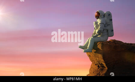 Premium Photo  A spaceman sits on a rock with a planet in the background.