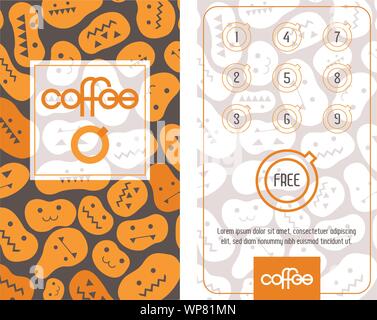 Loyalty coffee card. Template in Halloween mood with curved pumpkins. Get one free. Stock Vector