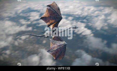 fast flying dragon, legendary green creature high above the earth Stock Photo