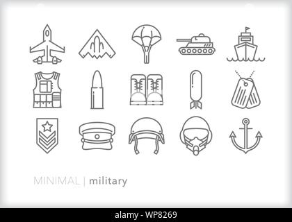 Set of 15 American military line icons for the armed services Stock Vector