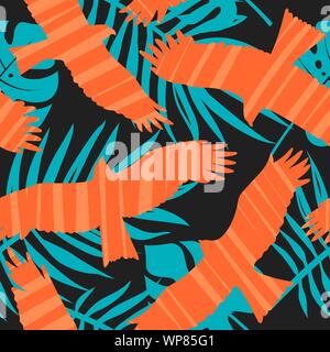 Seamless pattern with flying birds and tropical leaves. Abstract vector background Stock Vector