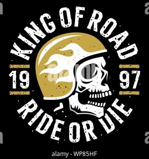 Skull in motorcycle helmet and slogan typography for t shirt design. T-shirt print graphics on the theme of motorcycle Stock Vector