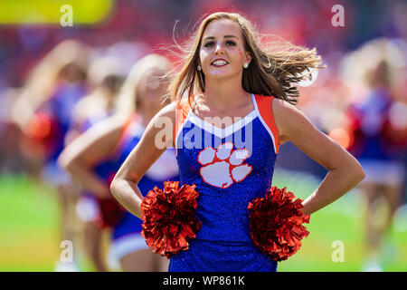 A Clemson Tigers cheerleader during the NCAA college football game between Texas A&M and Clemson on Saturday September 7, 2019 at Memorial Stadium in Clemson, SC. Jacob Kupferman/CSM Stock Photo