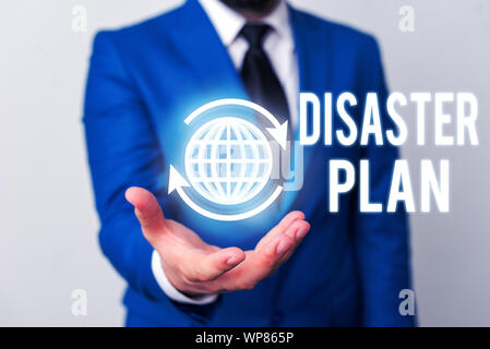 Word writing text Disaster Plan. Business photo showcasing Respond to Emergency Preparedness Survival and First Aid Kit Stock Photo