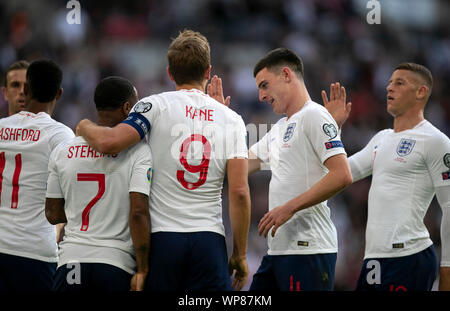 London, UK. 7th Sep, 2019. England's players celebrate during the UEFA Euro 2020 Qualifying Round Group A match between England and Bulgaria in London, Britain on Sept. 7, 2019. Credit: Han Yan/Xinhua/Alamy Live News Stock Photo