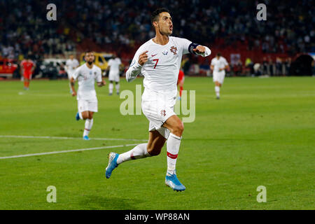 Belgrade. 7th Sep, 2019. Portugal's Cristiano Ronaldo celebrates scoring during the UEFA EURO 2020 Qualifying Round Group B match between Serbia and Portugal in Belgrade, Serbia on Sept. 7, 2019. Credit: Predrag Milosavljevic/Xinhua Stock Photo