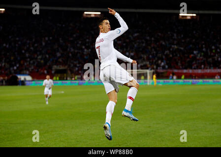 Belgrade. 7th Sep, 2019. Portugal's Cristiano Ronaldo celebrates scoring during the UEFA EURO 2020 Qualifying Round Group B match between Serbia and Portugal in Belgrade, Serbia on Sept. 7, 2019. Credit: Predrag Milosavljevic/Xinhua Stock Photo