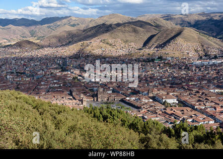 Panoramic City view of Cusco from Sacsayhuaman ruins in the hills, Peru, South America. Stock Photo