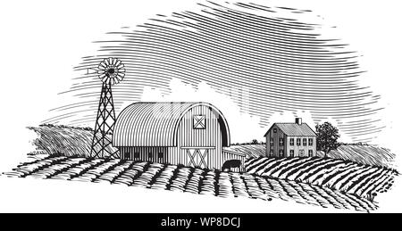 Woodcut style illustration of a farm scene with a windmill. Stock Vector