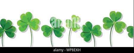 Vector horizontal seamless background with green clover leaves (shamrock) on a white background. Stock Vector