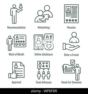 Employee Referral Process Icon Set with Networking, Recommendation, & reference Stock Vector
