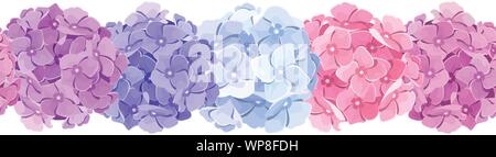 Vector horizontal seamless background with pink, blue and purple hydrangea flowers. Stock Vector