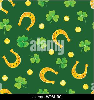 Vector St. Patrick’s Day seamless pattern with green shamrock leaves, gold coins and horseshoes on a green background. Stock Vector