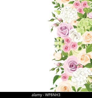 Vector vertical seamless background with pink, orange, purple and white roses, lisianthuses and hydrangea flowers and green leaves. Stock Vector