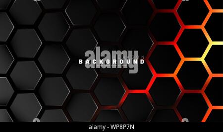 Abstract black hexagon pattern on neon gradient orange background technology style. Honeycomb. Vector illustration Stock Vector