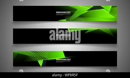 set the triangle background light header banner. Abstract composition of 3D triangles. Modern geometric green backgrounds isolated black Stock Vector