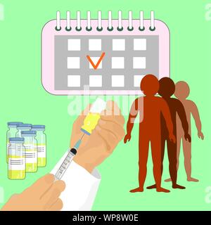 Time to vaccinated. Flat concept of a syringe with a vaccine. A bottle of medicine. Isolated. Vaccination calendar. People of different Vector. Stock Vector