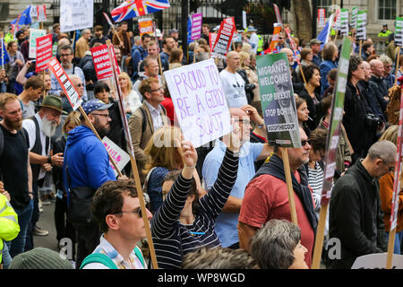 London, UK. 07th Sep, 2019. Anti-Brexit campaigners hold placards during a rally at London's Whitehall in Westminster.The campaigners are demonstrating to oppose the British Prime Minister Boris Johnson's plans to suspend UK Parliament until October 14. Credit: SOPA Images Limited/Alamy Live News Stock Photo