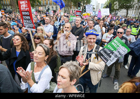 London, UK. 07th Sep, 2019. Anti-Brexit campaigners hold placards during a rally at London's Whitehall in Westminster.The campaigners are demonstrating to oppose the British Prime Minister Boris Johnson's plans to suspend UK Parliament until October 14. Credit: SOPA Images Limited/Alamy Live News Stock Photo