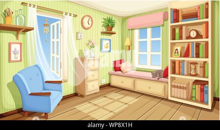 Vector cozy room interior with bookcase, couch and armchair. Stock Vector