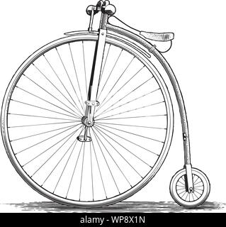 Woodcut illustration of an old penny-farthing bicycle. Stock Vector
