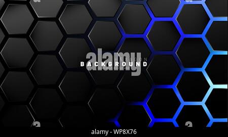 Abstract black hexagon pattern on blue neon background technology style. Honeycomb. Vector illustration Stock Vector
