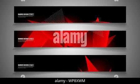 set the triangle background light header banner. Abstract composition of 3D triangles. Modern geometric red backgrounds isolated black Stock Vector