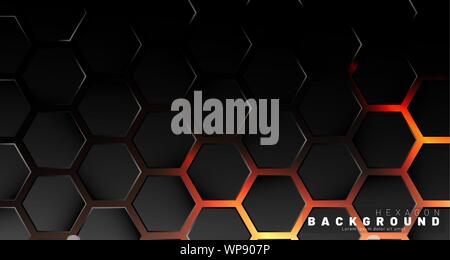 Abstract black hexagon pattern on neon gradient orange background technology style. Honeycomb. Vector illustration Stock Vector