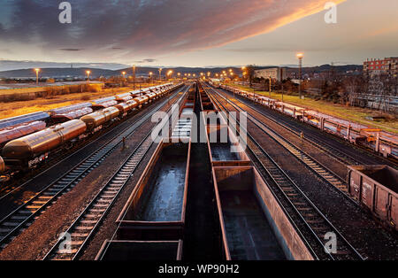 Railway station freight trains, Cargo transport Stock Photo