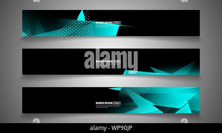set the triangle background light header banner. Abstract composition of 3D triangles. Modern geometric blue insulated black background Stock Vector