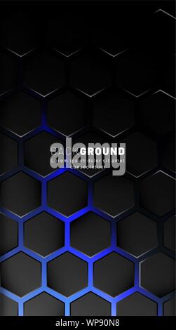 Vertical hexagon background. Gradient color light pattern with dark background technology style. Honeycomb. Vector illustration of light. Stock Vector