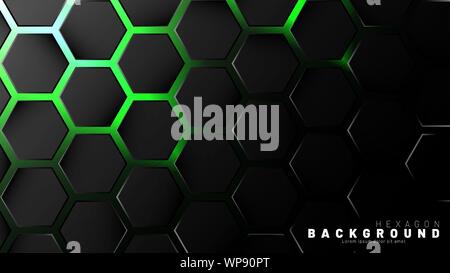 Abstract black hexagon pattern on green neon background technology style. Honeycomb. Vector illustration Stock Vector