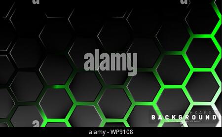 Abstract black hexagon pattern on green neon background technology style. Honeycomb. Vector illustration Stock Vector