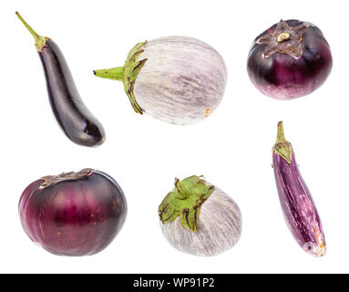 various fresh eggplants isolated on white background Stock Photo