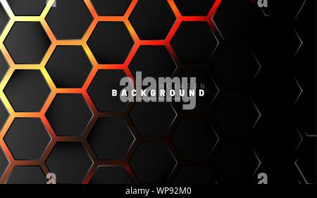 Abstract black hexagon pattern on neon gradient orange background technology style. Honeycomb. Vector illustration Stock Vector