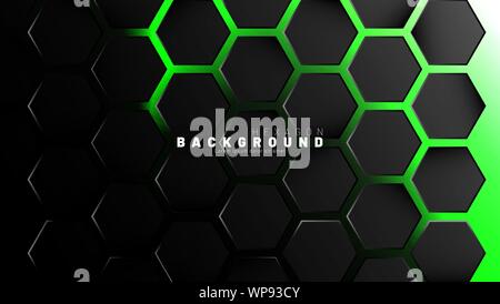 Abstract black hexagon pattern on green neon background technology style. Honeycomb. Vector illustration Stock Vector